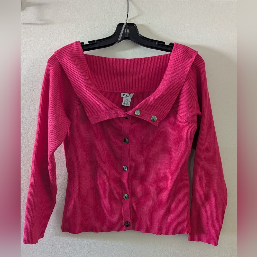 Rue 21 Hot Pink Off the Shoulder Button-Up Cardigan